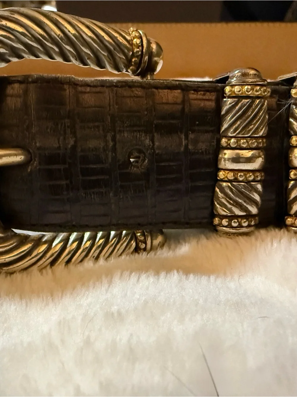 BrightTwo-Tone Gold & Silver Hoop Accent Black Leather Women’s Belt